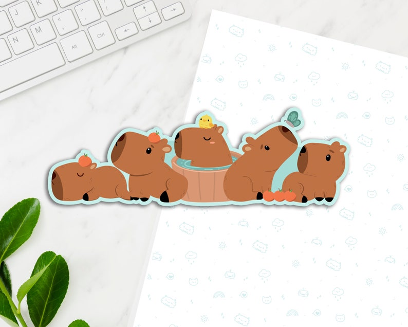 Capybaras Long Vinyl Sticker, Cute Capybara Sticker, Kawaii Decal, Laptop Stickers, Kawaii Capy Decal, Long wrap around sticker image 1