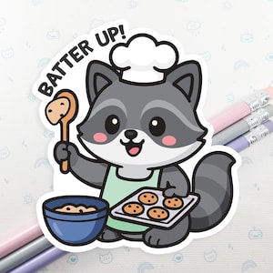 Raccoon Baking Pun Vinyl Sticker, Laptop Decal, Raccoon Cookies Gift for Her, Cute Sticker, Small Gift Idea, Trash Panda Sticker