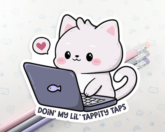 Cat Tappity Taps Sticker: Funny Laptop Decal, Water Resistant Vinyl