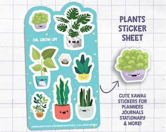 Plants Sticker Sheet, Oh Grow Up, Houseplants Stickers, Stickers for Planner Journal, Cute Stationary, Planner Sticker Sheet