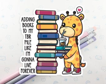 Giraffe TBR Pile Vinyl Sticker, Funny Book Reading Giraffe Sticker Waterproof