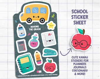 School Sticker Sheet SS020 - Making the Grade, Cute School Stickers, Stickers for Planner Journal, Cute Stationary, kawaii Back to School