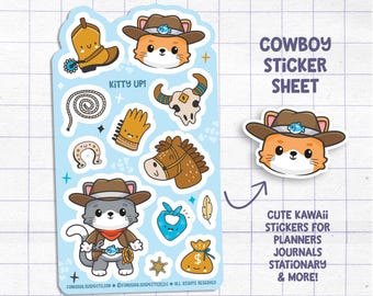 Hoja de pegatinas de gato vaquero: pegatinas kawaii para agenda