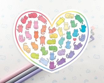 Cat Rainbow Heart Vinyl Sticker, Waterproof Vinyl Laptop Decal