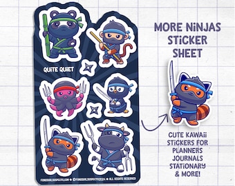 Ninjas Quite Quiet Sticker Sheet, Ninja Stickers, Cute Ninja Stickers, Kawaii Animal Ninja Stickers for Planner Journal, Cute Stationary