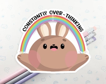 Kawaii Bunny Overthinking Sticker: Rainbow Laptop Decal
