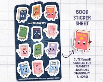 Cute Books Sticker Sheet, All Booked Up!, Kawaii Book Stickers, Kawaii Stickers for Planner Journal, Reading Book Stickers