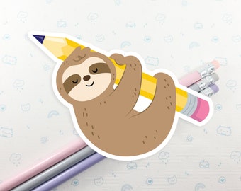 Sloth Pencil Sticker, Vinyl Stickers, Laptop Decal, Sloth Gift for Her, Cute Sticker, Small Sloth Gift Idea, Writing Sloth Laptop Decal