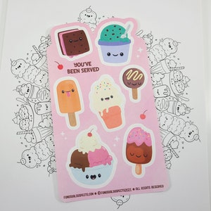 May include: A pink sticker sheet featuring various ice cream designs with smiling faces. The sheet includes an ice cream sandwich, ice cream in a cup, a popsicle, and an ice cream cone. The text "YOU'VE BEEN SERVED" is printed on the sheet.