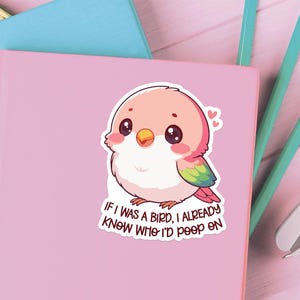 May include: A pink and green cartoon bird with a cute expression. The bird is holding a heart in its beak. The text "If I was a bird, I already knew where I'd poop on" is below the bird.