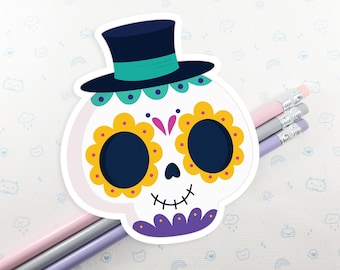Sugar Skull with Hat Sticker, Laptop Sugar Skull Decal, Dia de los Muertos Gift, Gift for Him, Day of the Dead Sticker, Sugar Skull