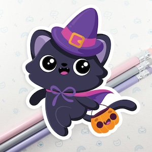 Witch Cat Vinyl Sticker, Cute Halloween Cat Vinyl Sticker, Laptop Decal, Funny Halloween Decal, Laptop Sticker, Kawaii Black Cat Sticker