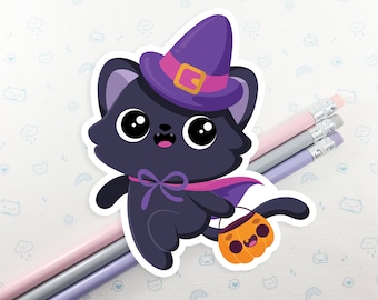 Witch Cat Vinyl Sticker, Cute Halloween Cat Vinyl Sticker, Laptop Decal, Funny Halloween Decal, Laptop Sticker, Kawaii Black Cat Sticker