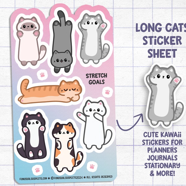 Long Cats Sticker Sheet, Cute Felines Stickers, Cat Mom Stickers, Stickers for Planner Journal, Cute Stationary, Kawaii Stickers