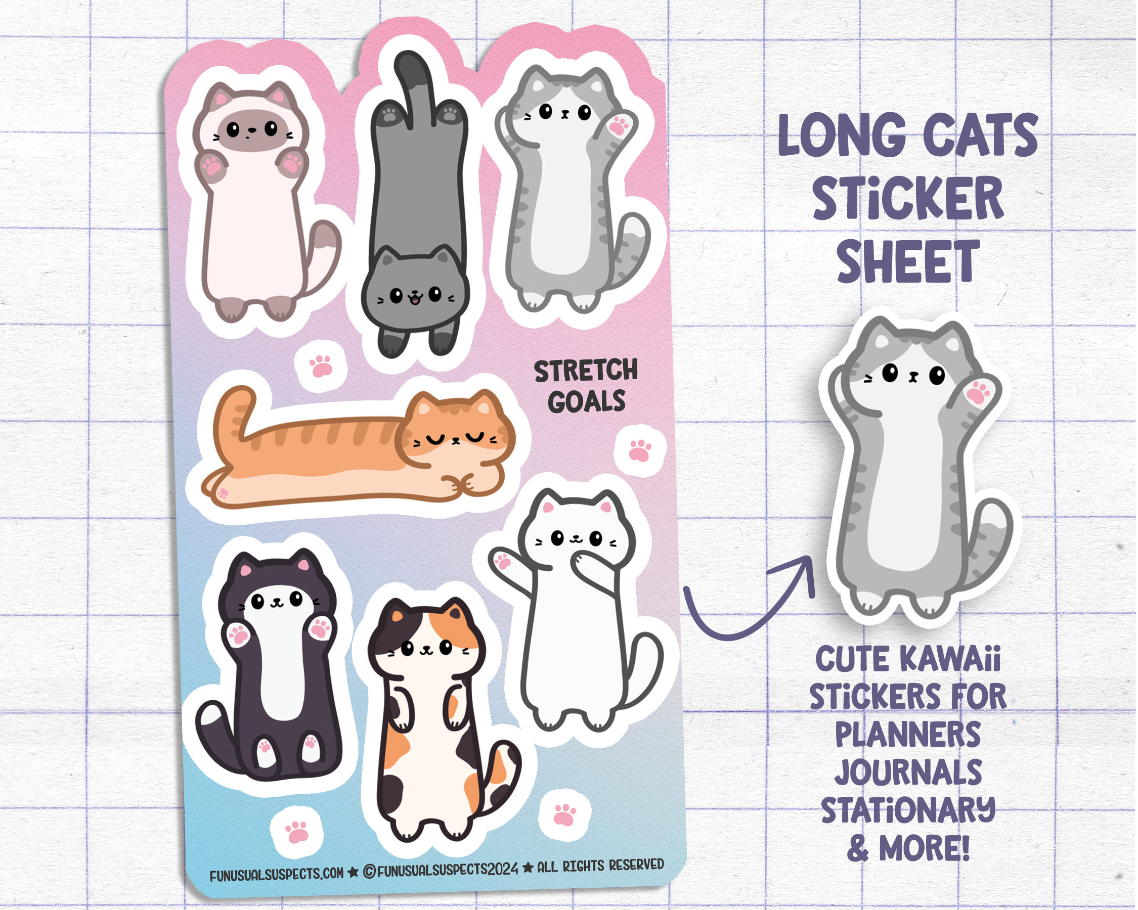 Long Cats Sticker Sheet, Cute Felines Stickers, Cat Mom Stickers ...