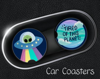 Alien Tired Car Coasters, Set of 2 Rubber Neoprene Car Coaster, Car Accessories, Car Cup Holder Coasters, Cute Alien Space Car Coasters
