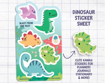 Dinosaur Sticker Sheet, Blast From the Past, Cute Dinosaur Stickers, Kawaii Dinos, Stickers for Planner Journal, Cute Stationary