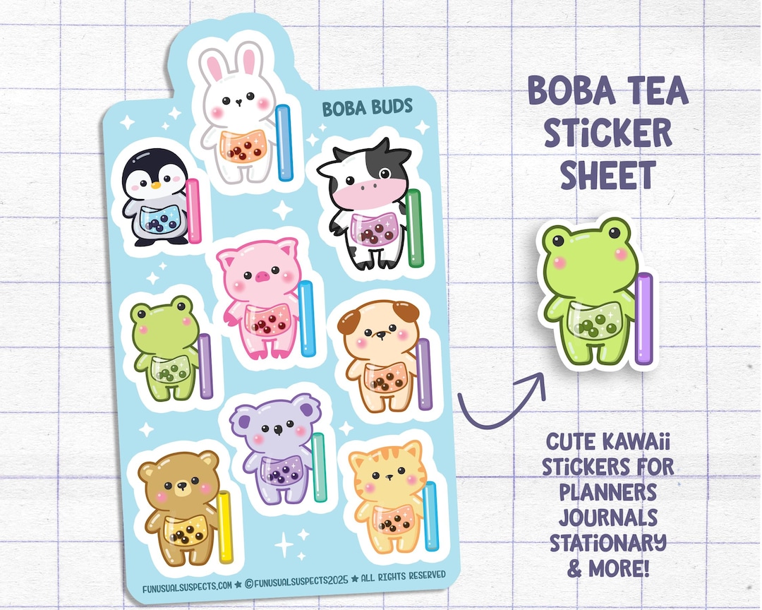 Boba Tea Animals Sticker Sheet, Boba Buds, Cute Boba Tea Stickers ...