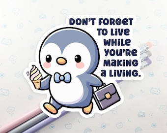 Penguin with Ice Cream & Briefcase Vinyl Sticker - Laptop Decal