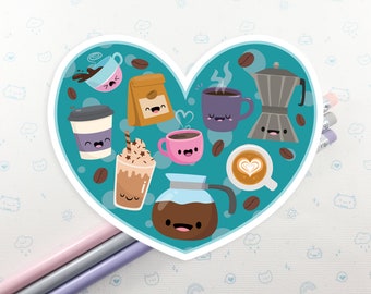 Coffee Love Sticker, I Love Coffee Sticker, Cute Coffee Sticker, Laptop Decal, Hearts And Coffee Stickers