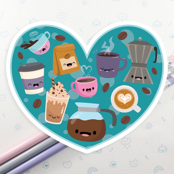 Coffee Love Sticker, I Love Coffee Sticker, Cute Coffee Sticker, Laptop Decal, Hearts And Coffee Stickers