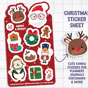 Christmas Sticker Sheet, Merry and Bright, Christmas Stickers, Stickers for Planner Journal, Cute Stationary, Planner Sticker Sheet