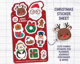 Christmas Sticker Sheet, Merry and Bright, Christmas Stickers, Stickers for Planner Journal, Cute Stationary, Planner Sticker Sheet