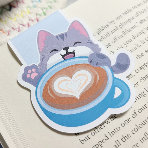 Cat Latte Magnetic Bookmark, Cat Coffee Planner Clip, Kawaii Cat Drink Bookmark, Back to School, Bookmark for Her