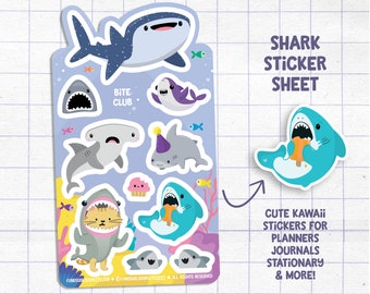 Shark Sticker Sheet, Bite Club, Cute Shark Stickers, Kawaii Sharks, Stickers for Planner Journal, Cute Stationary