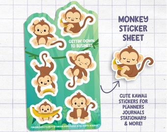 Monkey Sticker Sheet, Monkey Business, Cute Monkey Stickers, Kawaii Monkey, Stickers for Planner Journal, Cute Stationary