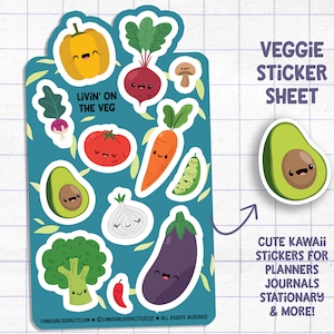 Feuille d'autocollants végétariens, Livin' On the Veg, autocollants de légumes mignons, nourriture kawaii, autocollants pour agenda, papeterie mignonne