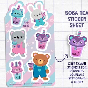 May include: A sticker sheet with cute kawaii animals holding boba tea. The sheet includes a cat, bunny, bear, and two different bears. The text "BOBA TEA STICKER SHEET" is at the top of the sheet. The text "CUTE KAWAii STICKERS FOR PLANNERS JOURNALS STATIONARY & MORE!" is at the bottom of the sheet.