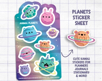 Animal Planet Sticker Sheet, Animal Planets, Cute Planet Stickers, Stickers for Planner Journal, Cute Stationary, Galaxy Stickers