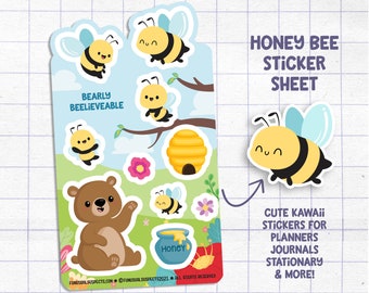Kawaii Honey Bee & Bear Sticker Sheet: Planner Stickers