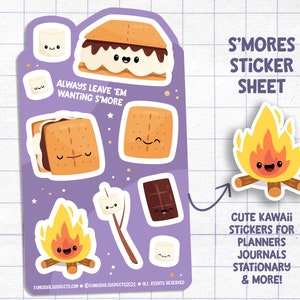 S&#39;mores Sticker Sheet, Cute Food Stickers, Kawaii Smores, Stickers for Planner Journal, Cute Stationary, Planner Sticker Sheet