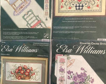 Elsa Williams Cross Stitch Kits ~~ Checks + Balances, Dressed in Red, High Tea & Have a Seat Bellpulls ~~ Fabric, Needles, Thread, Patterns