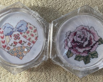 Kitchen/Household Cross Stitch ~~ Lot of Two Cork Backed Acrylic Coasters With Design Instructions ~~ Ready to Stitch Using Your Supplies