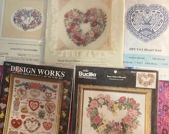 Heart Themed Counted Cross Stitch Kits ~~ Heart Tree, Heart Collage, Floral Heart Pillow, Rose Heart Wreath or Heartfelt Blossoms