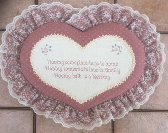 Vintage Cross Stitch Heart (1989) ~~ Framed in Fabric & Lace ~~ Hand Crafted at "A Gift of Love" in Natchez, MS ~~ Home, Family, Blessing