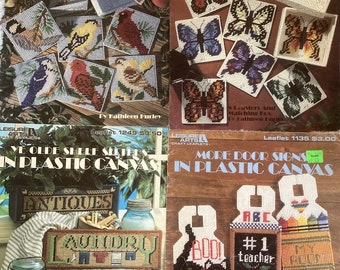 Vintage (1990's) Leisure Arts Plastic Canvas Leaflets ~~ Coasters, Door Signs, Shelf Sitters ~~ Halloween, Butterflies, Songbirds & More