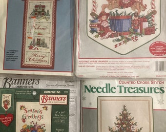 Vintage (1990's) Christmas Themed Cross Stitch Banner Kits~~Rocking Horse, Christmas Welcome,  Tannenbaum, Season's Greetings