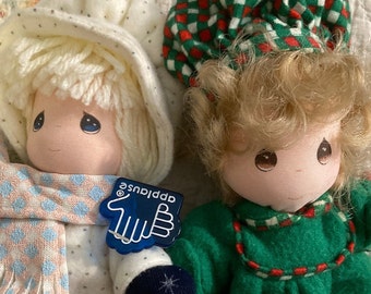 Vintage 1990's Precious Moments 8" Christmas/Winter Soft Sculpture Dolls with Silk-Screen Faces ~~ Lot of 2 ~~ Designed by Samuel Butcher