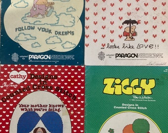 Vintage (1980's) Cathy or Ziggy Designs ~~ Iconic Cross Stitch Pattern Books by Gloria & Pat ~~ First Editions in Gently Used Condition