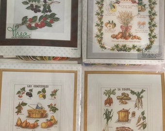 Kitchen Themed Cross Stitch Kits by Thea Gouverneur~~Checked, Complete, Repackaged~~Fruits, Vegetables, Stew, Soups, Dessert, Bread, Wine