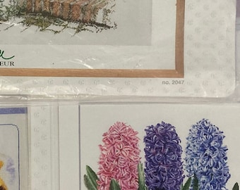 Floral Cross Stitch Kits by Thea Gouverneur ~~ Checked, Complete, Repackaged ~~ Hyacinth, Pansies, Blooming Bulbs, Pink Basket