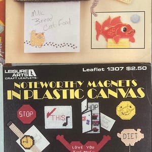 Leisure Arts/Annie's Attic Craft Leaflets ~~ Magnets in Plastic Canvas ~~ Message Holders, Animals, Fruit, Birds, Rainbows, Bugs