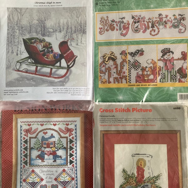 Vintage (1990's) 14 Count Cross Stitch Kits~~Snowy Country Scenes, Skaters, Snowmen, Candle, Twelve days of Christmas Sampler, Candy