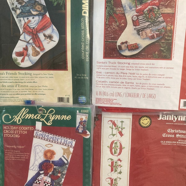 Vintage (1990's) Cross Stitch Kits ~~ Christmas Stockings & Noel Banner ~~ Heavenly Helper, Santa's Truck, Snow Lady Emma + Flying Friends