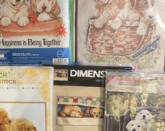 Pares de cachorros Kits de punto de cruz ~~ Dos hermanos, juntos, Time Out y Golden Pair ~~ Paño Aida, hilo de algodón, cartas de colores, agujas