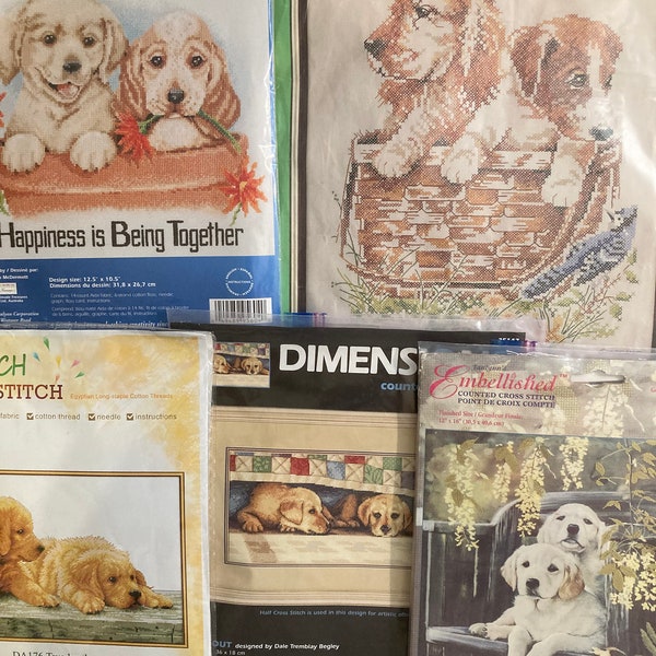 Pairs of Puppies Cross Stitch Kits ~~ Two Brothers, Together, Time Out & Golden Pair ~~ Aida Cloth, Cotton Floss, Color Charts, Needles